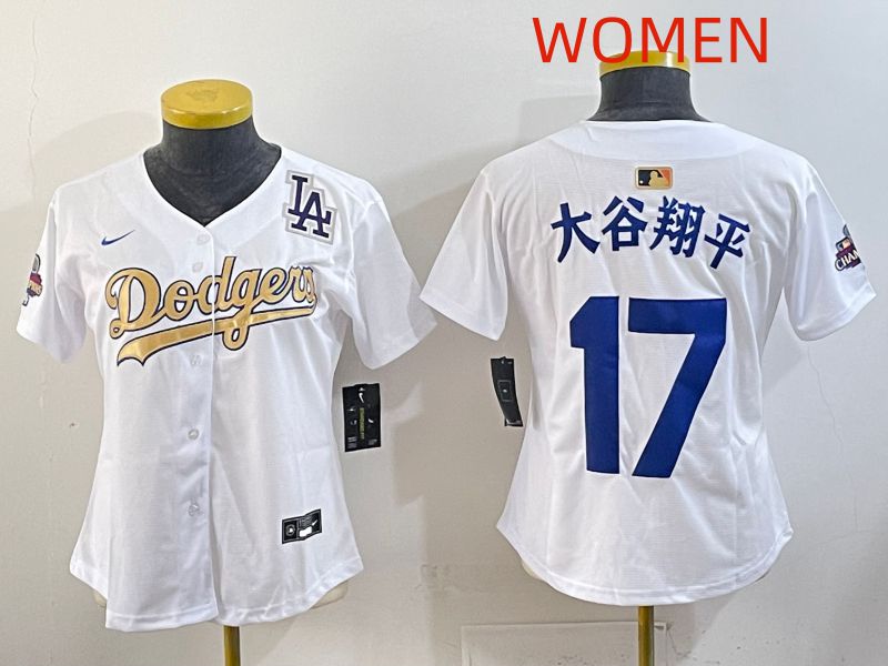 Women Los Angeles Dodgers 17 Ohtani White Champion edition Nike MLB Jersey style 005